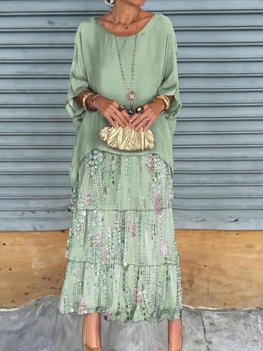 Maxi DRESS Plus Size 3XL Sage GREEN Tunic 3/4 sleeve Floral Tiered 22 - 24